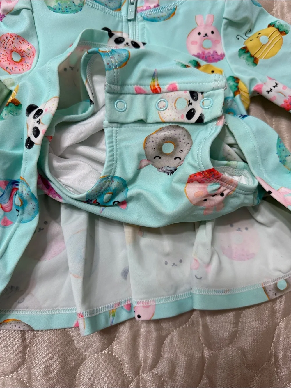 Posh Peanut Aqua Long-Sleeve One-Piece Swim Dress with Animal & Donut Print